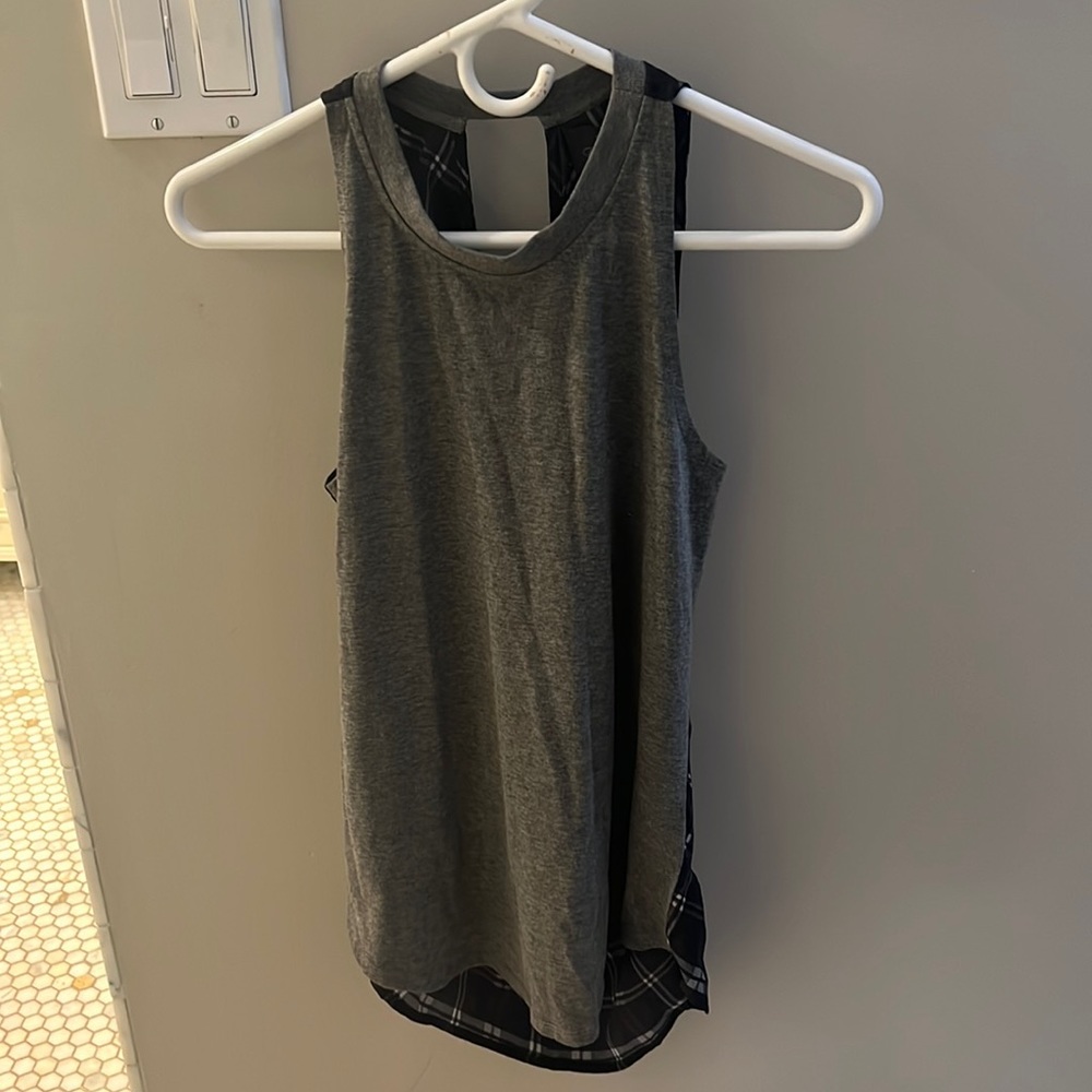 PJK tank gray jersey in front and open back plaid in back. xS